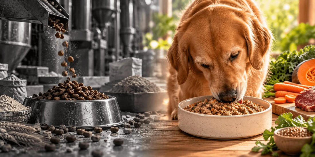 Perro comiendo comida natural frente a una comparación entre alimento natural y croquetas para perros.