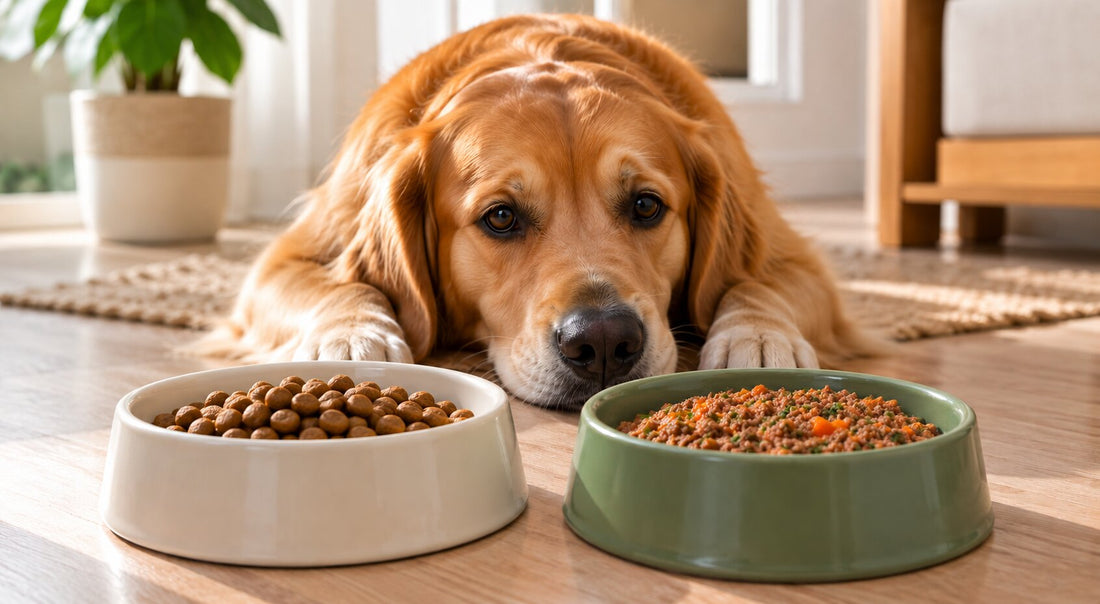 Perro frente a dos platos con croquetas y comida natural durante la transición de comida en perros.