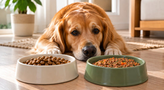 Perro frente a dos platos con croquetas y comida natural durante la transición de comida en perros.